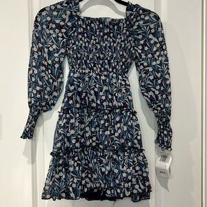 RARE EDITIONS NAVY BLUE LINED GAUZE FLORAL LONG SLEEVE DRESS